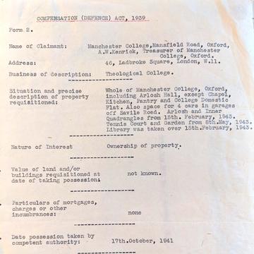 A typed page that sets out details relating to the Compensation Act and Manchester college