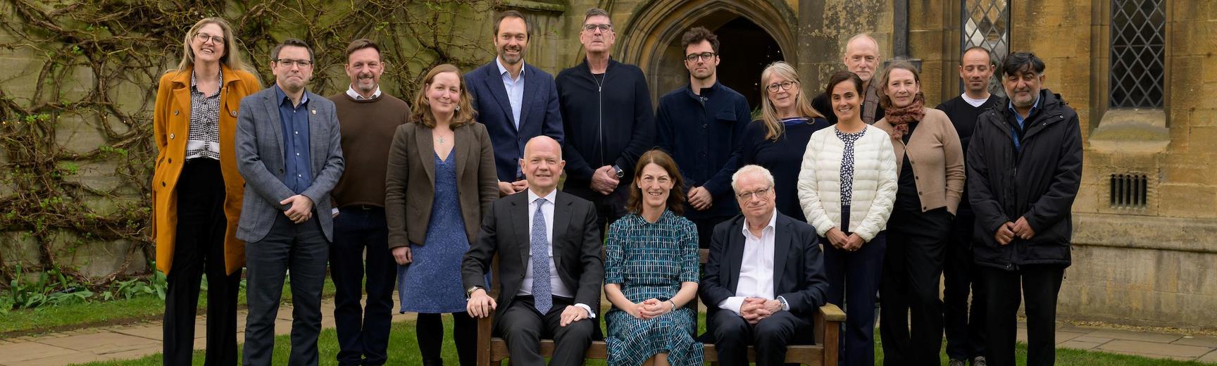 Members of the Governing Body with Oxbridge Chancellors Lord Hague and Lord Smith (either side of Dr Breeze) at the recent Charter Dinner. Dr Sollereder and Professor De Neve are fourth and fifth from left (Image: Edmund Blok)