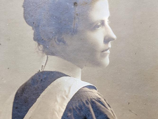 A black and white portrait head shot of a female (Gertrude von Petzold) 