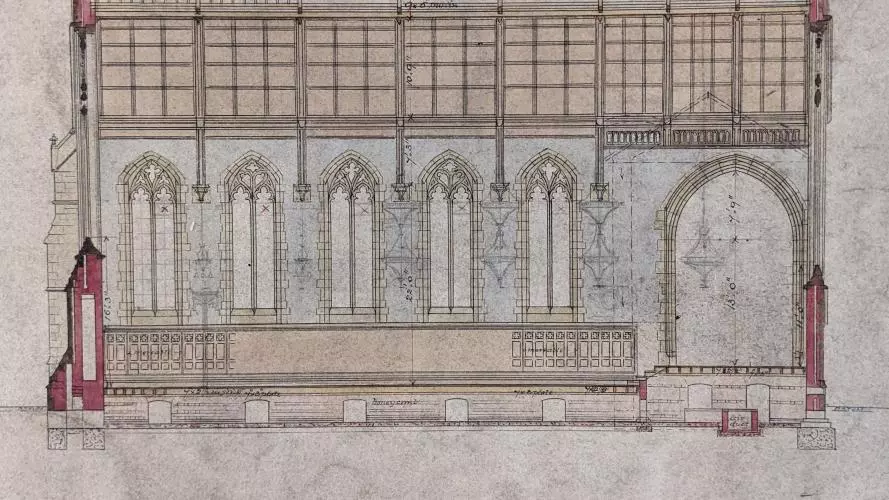 A cross section plan of the Chapel in colour