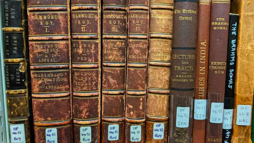 A row of books with the spines showing.  Most of the books are written or about Rahmohun Roy.