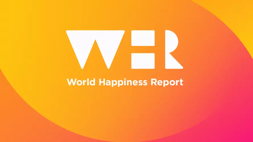 A stylised representation of the letters W, H, R with the words 'World Happiness Report' beneath. Below are the logos of Gallup, the University of Oxford, the Wellbeing Research Centre and the Sustainable Development Solutions Network