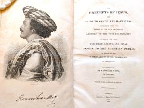 The cover pages of Roy's Precepts of Jesus with a etching of Roy in profile.