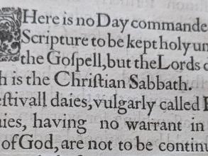 A close up of a phrase from a 1645 published work on Public Worship