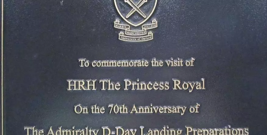 A plaque commemorating Princess Anne's visit to College on 70th anniversary of the D-Day landings