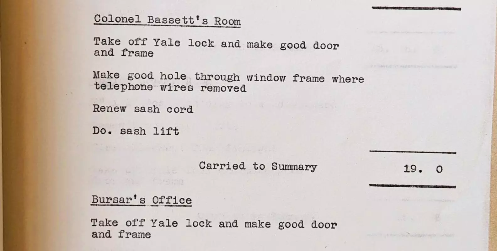 A page with typed writing setting out the various repairs that rooms in the college required with a cost for each room.