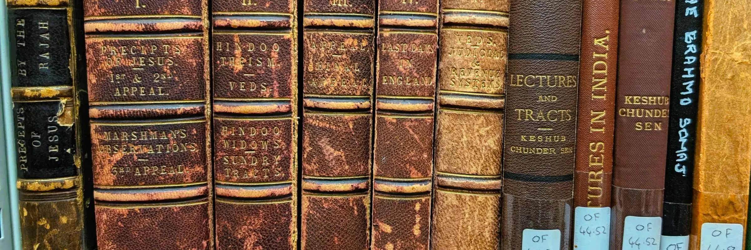 A row of books with the spines showing.  Most of the books are written or about Rahmohun Roy.
