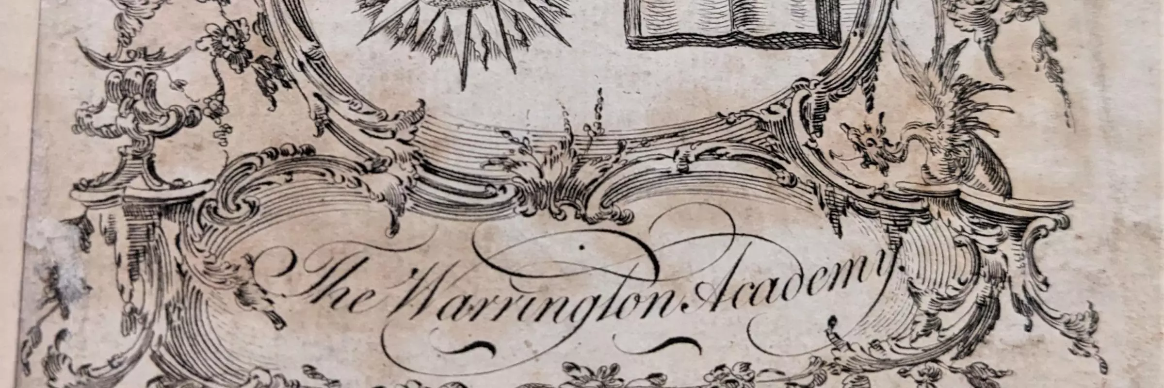 A black and white etching of a bookplate from Warrington Academy featuring a sun and open book