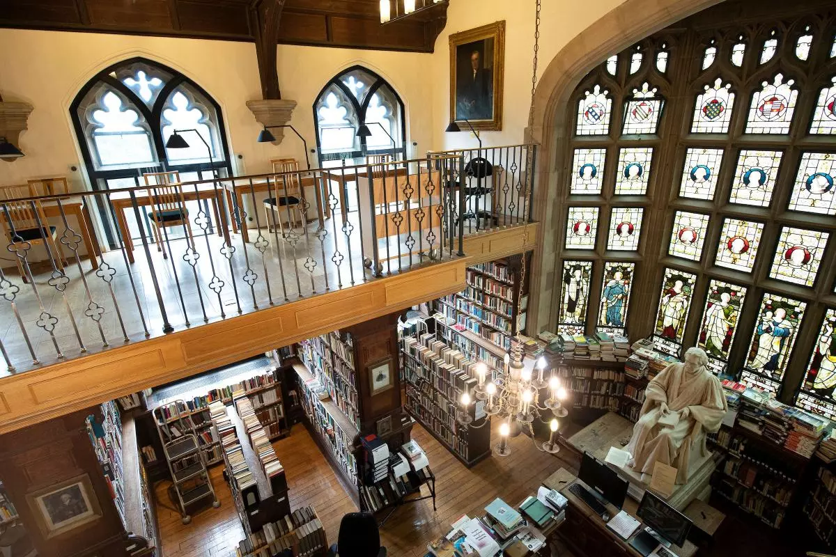 View from the library gallery down to stained glass windows