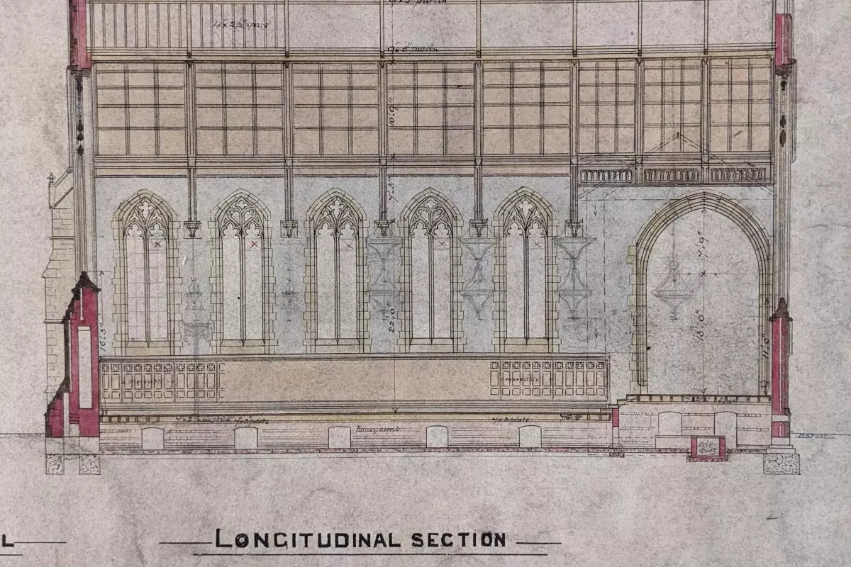 A cross section plan of the Chapel in colour